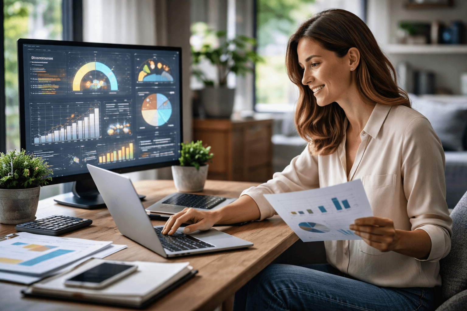 Mulher analisando dados financeiros em home office