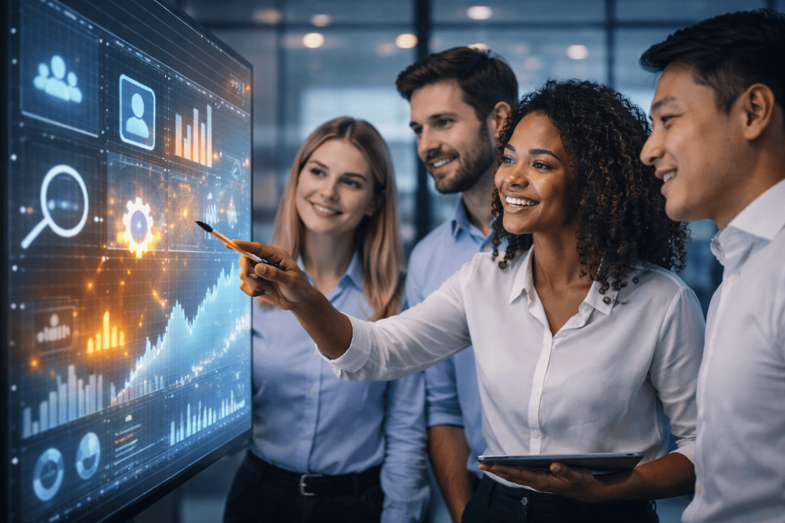 Equipe analisando dados em um escritório