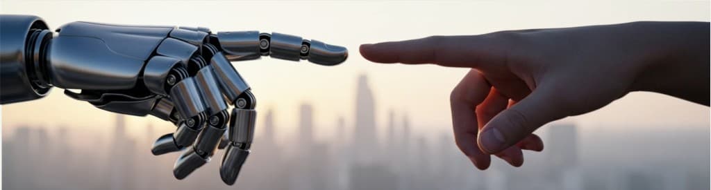 Mão robótica e mão humana se conectando